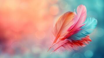 AI generated Minimalist image capturing the enchanting allure of colorful feathers against a serene and dreamy backdrop photo