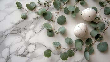 AI generated branches of eucalyptus decorated with eggs and green leaves on white marble photo