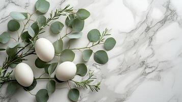 AI generated branches of eucalyptus decorated with eggs and green leaves on white marble photo