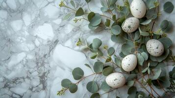 AI generated branches of eucalyptus decorated with eggs and green leaves on white marble photo