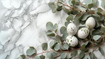 AI generated branches of eucalyptus decorated with eggs and green leaves on white marble photo
