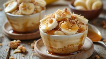 AI generated Clean and understated photo evoking a sense of bliss with desserts and caramelized banana toppings