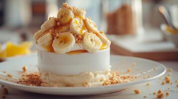 AI generated Clean and understated photo evoking a sense of bliss with desserts and caramelized banana toppings