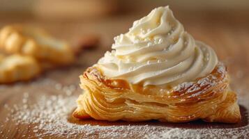 AI generated Clean and understated photo evoking a sense of bliss with a whipped cream-topped pastry