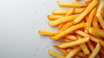 AI generated Minimalist photo capturing golden, crispy fries arranged neatly on a clean surface