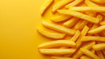 AI generated Minimalist photo capturing golden, crispy fries arranged neatly on a clean surface