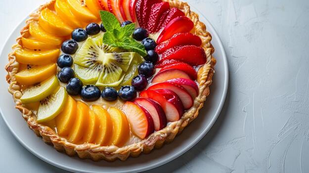 ai generado minimalista composición exhibiendo un delicado Pastelería adornado con cuidadosamente arreglado Fruta rebanadas foto