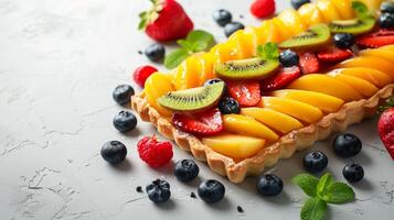 AI generated Minimalist composition showcasing a delicate pastry adorned with carefully arranged fruit slices photo