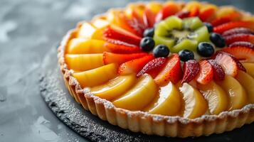 ai generado minimalista composición exhibiendo un delicado Pastelería adornado con cuidadosamente arreglado Fruta rebanadas foto