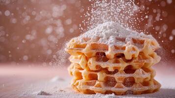 AI generated Minimalist capture featuring perfectly stacked Belgian waffles adorned with powdered sugar photo