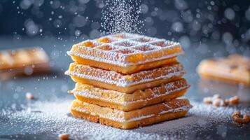 AI generated Minimalist capture featuring perfectly stacked Belgian waffles adorned with powdered sugar photo
