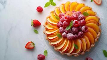 AI generated Minimalist composition showcasing a delicate pastry adorned with carefully arranged fruit slices photo