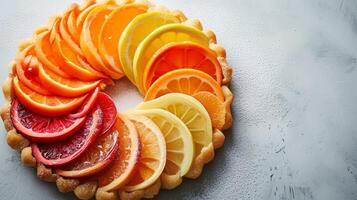 AI generated Minimalist composition showcasing a delicate pastry adorned with carefully arranged fruit slices photo