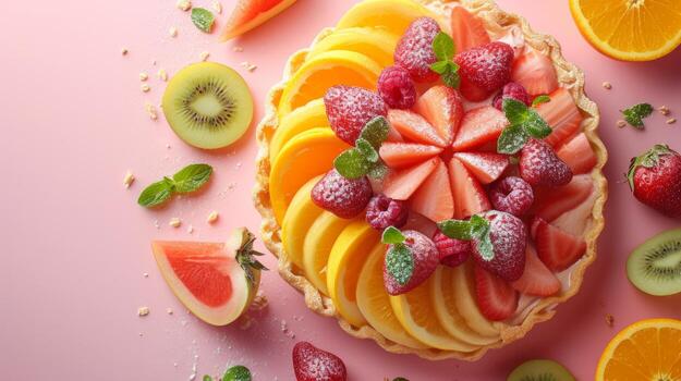 ai generado minimalista composición exhibiendo un delicado Pastelería adornado con cuidadosamente arreglado Fruta rebanadas foto