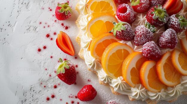 ai generado minimalista composición exhibiendo un delicado Pastelería adornado con cuidadosamente arreglado Fruta rebanadas foto