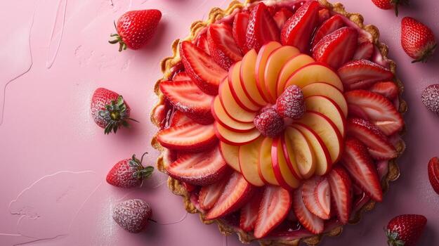 ai generado minimalista composición exhibiendo un delicado Pastelería adornado con cuidadosamente arreglado Fruta rebanadas foto