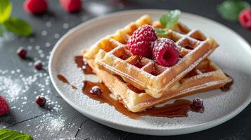 AI generated Minimalist shot of Belgian waffles arranged artfully on a white plate photo