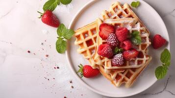 AI generated Minimalist shot of Belgian waffles arranged artfully on a white plate photo