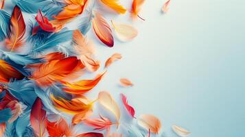 AI generated Minimalist backdrop adorned with a delicate array of multicolored feathers photo