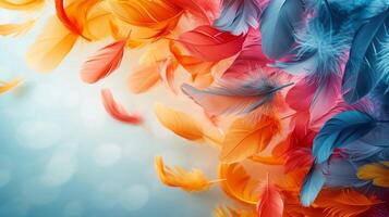 AI generated Minimalist backdrop adorned with colorful feathers photo