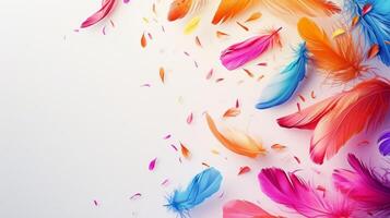 AI generated Minimalist backdrop adorned with colorful feathers photo