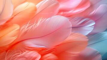 AI generated Minimalist backdrop adorned with a delicate array of multicolored feathers photo