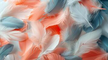 AI generated Minimalist backdrop adorned with a delicate array of multicolored feathers photo