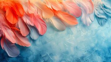 AI generated Minimalist backdrop adorned with a delicate array of multicolored feathers photo