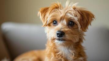 AI generated Minimalist capture of an adorable small dog, showcasing its endearing fluffy coat and sweet expression photo