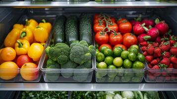 AI generated Minimalist photo featuring neatly arranged fruits and vegetables inside a refrigerator