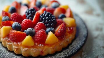 AI generated Simple yet enchanting image capturing the fantasy-like appeal of a fruit-topped pastry photo