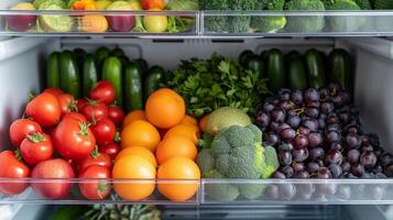 AI generated Minimalist photo featuring neatly arranged fruits and vegetables inside a refrigerator