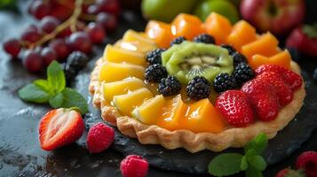 AI generated Simple yet captivating photo featuring a pastry complemented by an array of fresh fruits