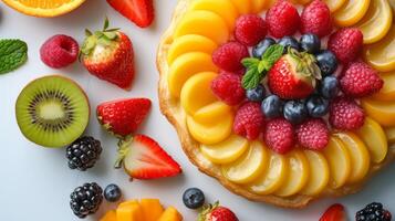 AI generated Simple yet captivating photo featuring a pastry complemented by an array of fresh fruits