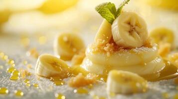 AI generated Simple yet elegant image highlighting desserts adorned with luscious caramelized banana slices photo