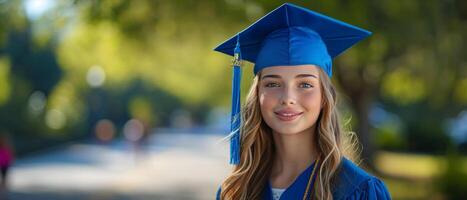 ai generado graduación estudiante desde Ohio alto colegio vistiendo un graduación vestido foto