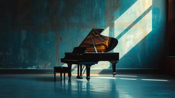 AI generated Minimalist shot of a grand piano, exuding timeless sophistication and musical allure photo