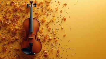 AI generated Minimalist background featuring a violin and scattered musical notes, evoking a sense of musical harmony photo