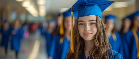 ai generado graduación estudiante desde Ohio alto colegio vistiendo un graduación vestido foto