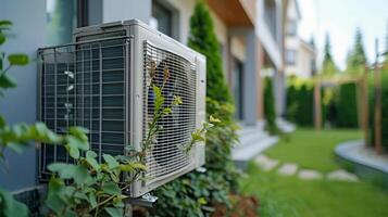 ai generado calor bomba situado cerca un contemporáneo residencia foto