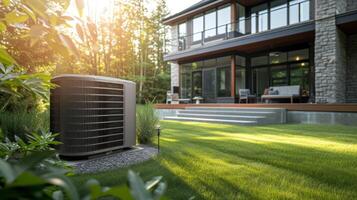 AI generated Heat pump located near a contemporary residence. large copyspace area photo