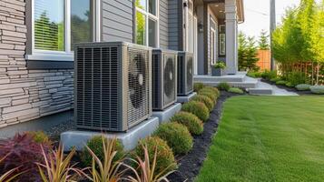 AI generated Heat pump located near a contemporary residence. large copyspace area photo