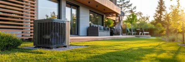 AI generated Heat pump located near a contemporary residence. large copyspace area, offcenter composition photo