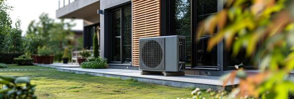 AI generated Heat pump located near a contemporary residence. large copyspace area, offcenter composition photo