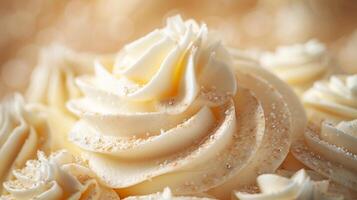 AI generated Minimalist image capturing the delicate swirls of whipped cream atop a delectable pastry photo