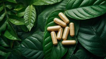 AI generated Herbal supplement capsules arranged on a bed of lush green leaves photo