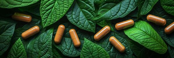 AI generated Herbal supplement capsules arranged on a bed of lush green leaves photo