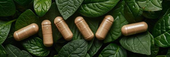 AI generated Herbal supplement capsules arranged on a bed of lush green leaves photo