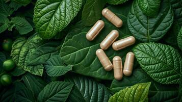 AI generated Herbal supplement capsules arranged on a bed of lush green leaves photo