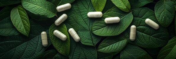 AI generated Herbal supplement capsules arranged on a bed of lush green leaves photo